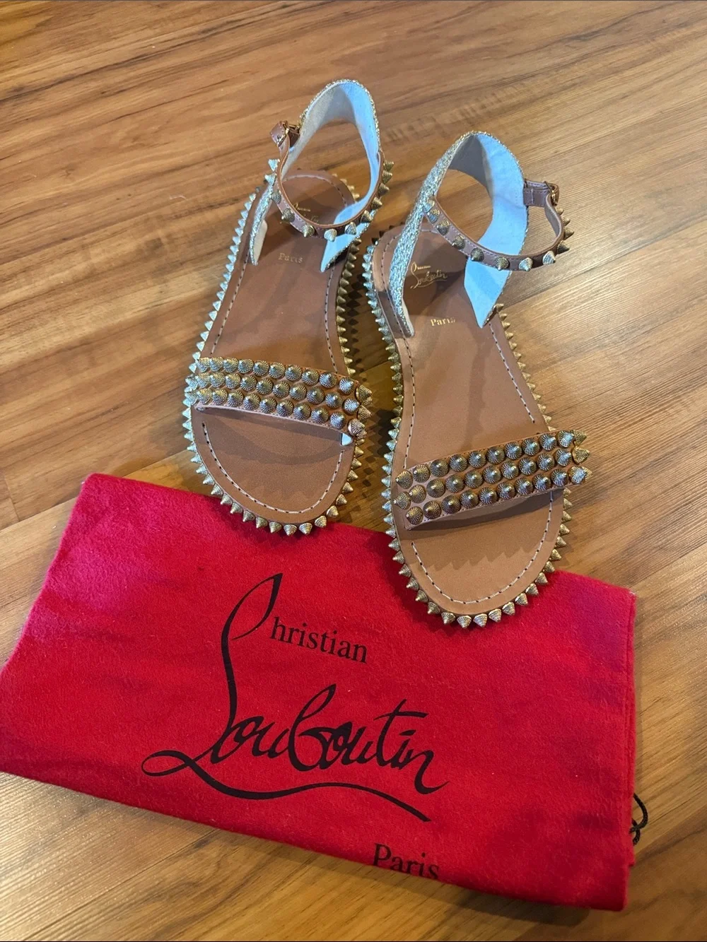 Christian Louboutin Brown Leather Studded Flat Sandals with Gold Spikes size 40